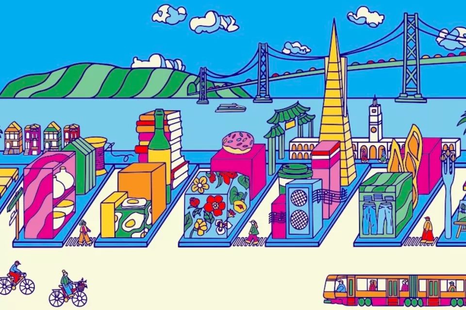 Colorful illustration of San Francisco downtown.